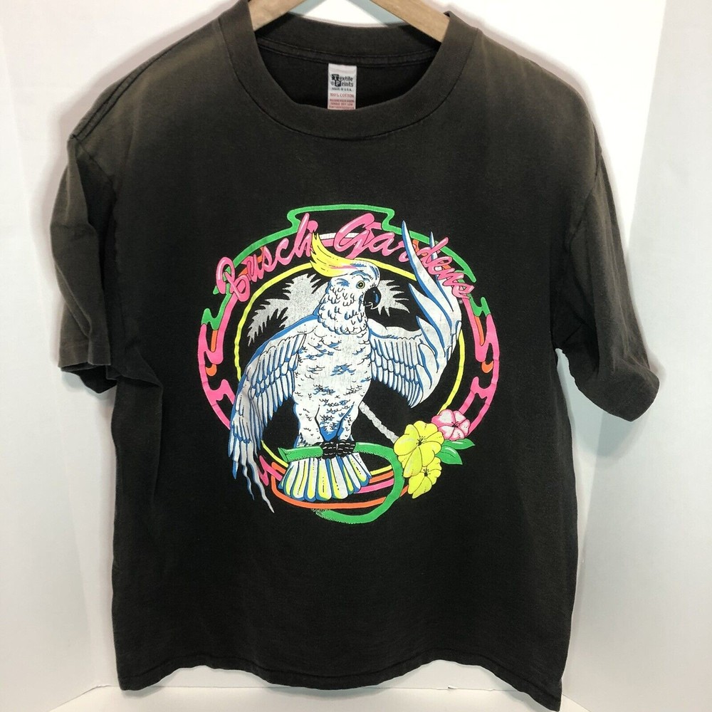 Vintage Busch Gardens Shirt, Neon Print On Black Shirt, XL White Cockatoo Bird